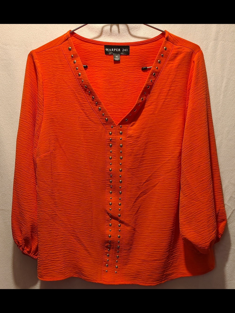 Harper 241 Orange V-Neck Gold Studded Women's  Peasant Top Size Medium NWOT